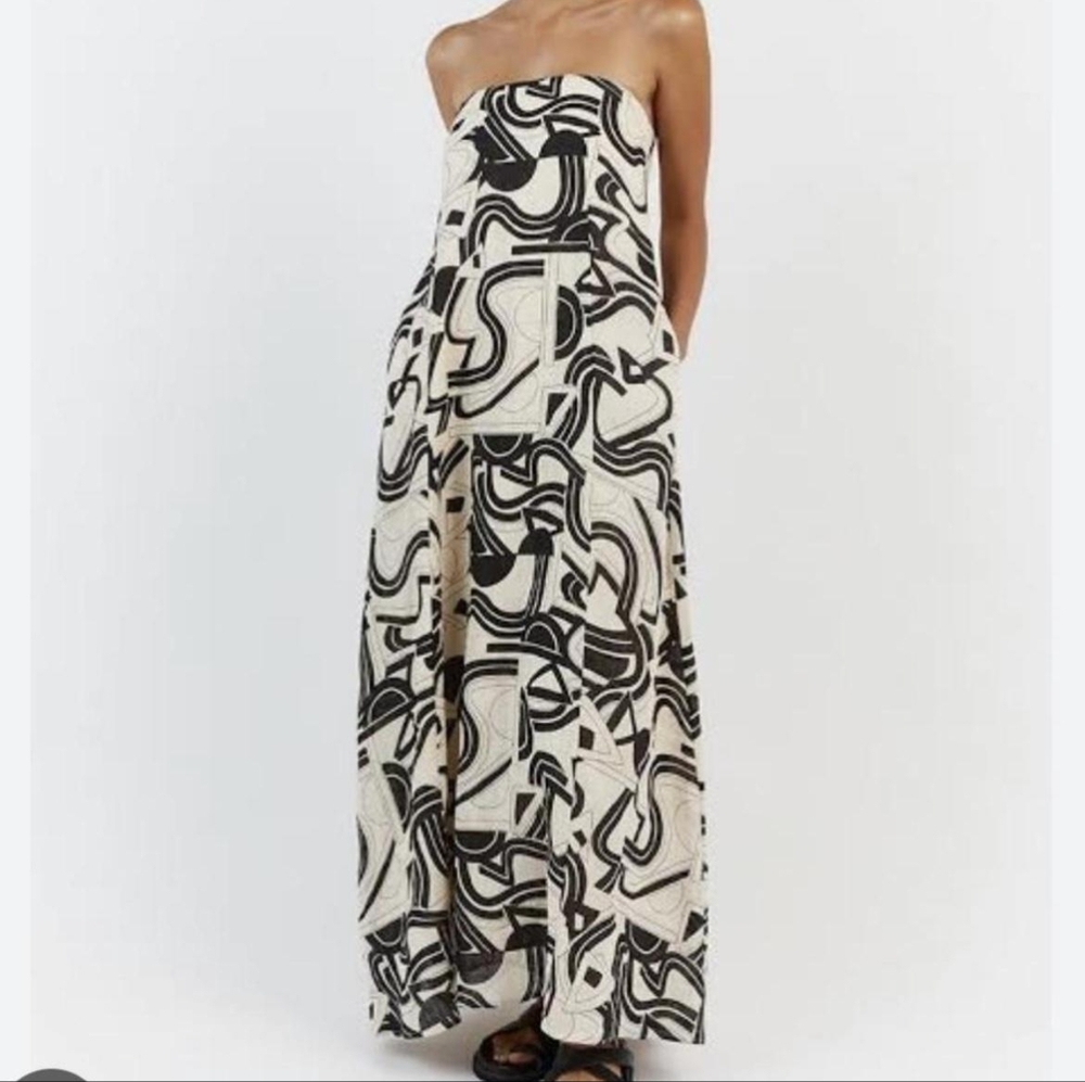 DISSH Strapless Maxi Dress in Black and Cream Abstract Print